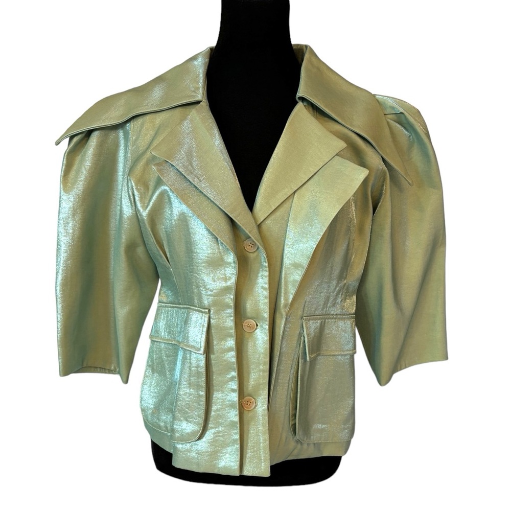 Green Metallic Sheen Belted Jacket - Picture 14 of 15